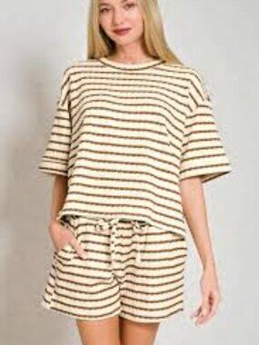 Zenana Striped Short Sleeve Tee & Shorts Set - Size Small